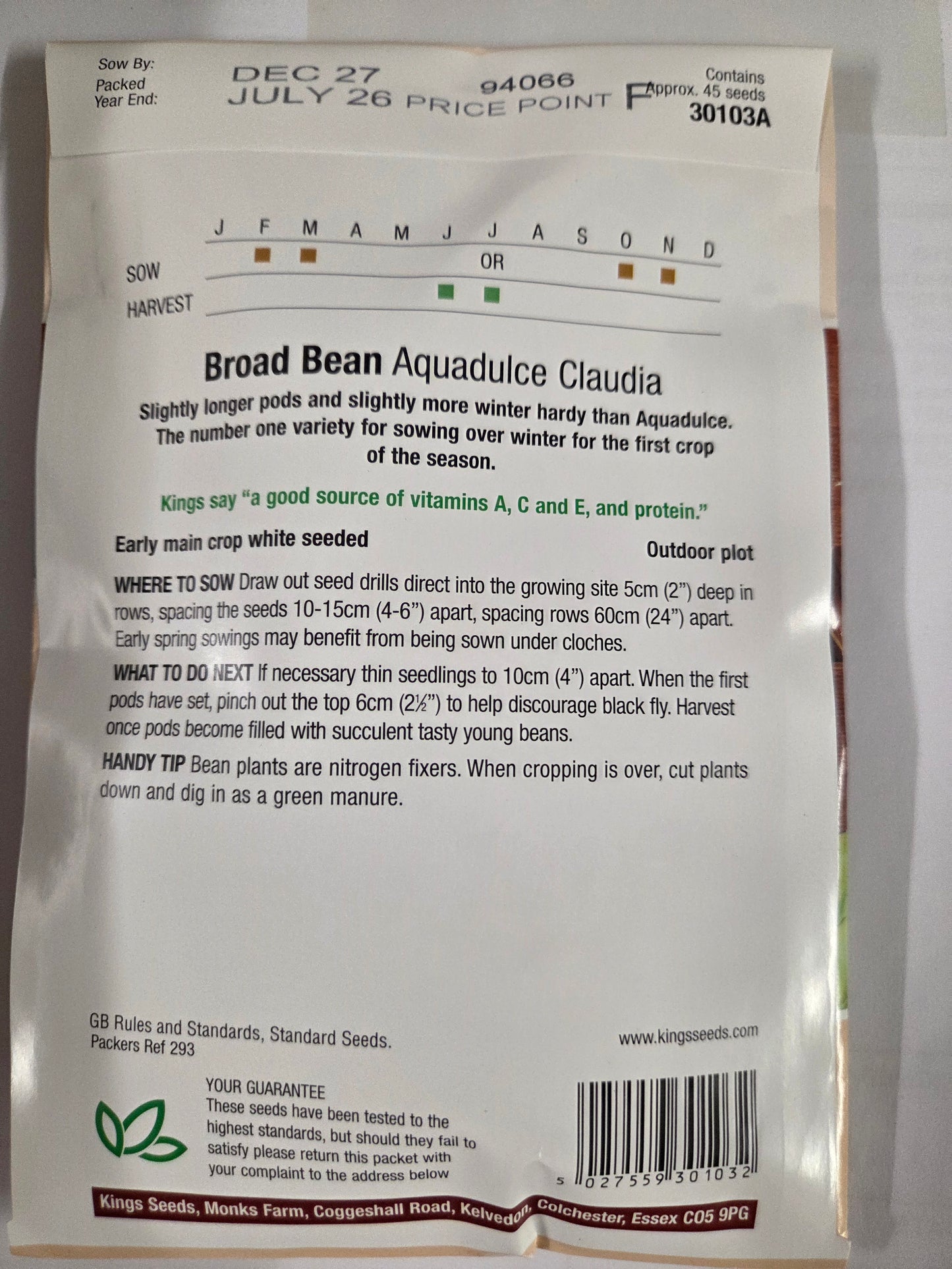 Kings Seeds Broadbean Aquadulce Claudia