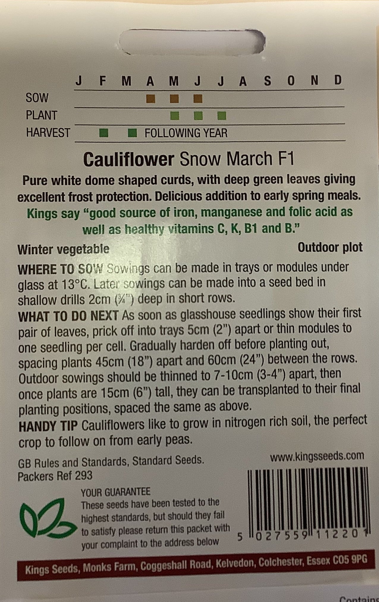 Kings Seeds Cauliflower Snow March F1