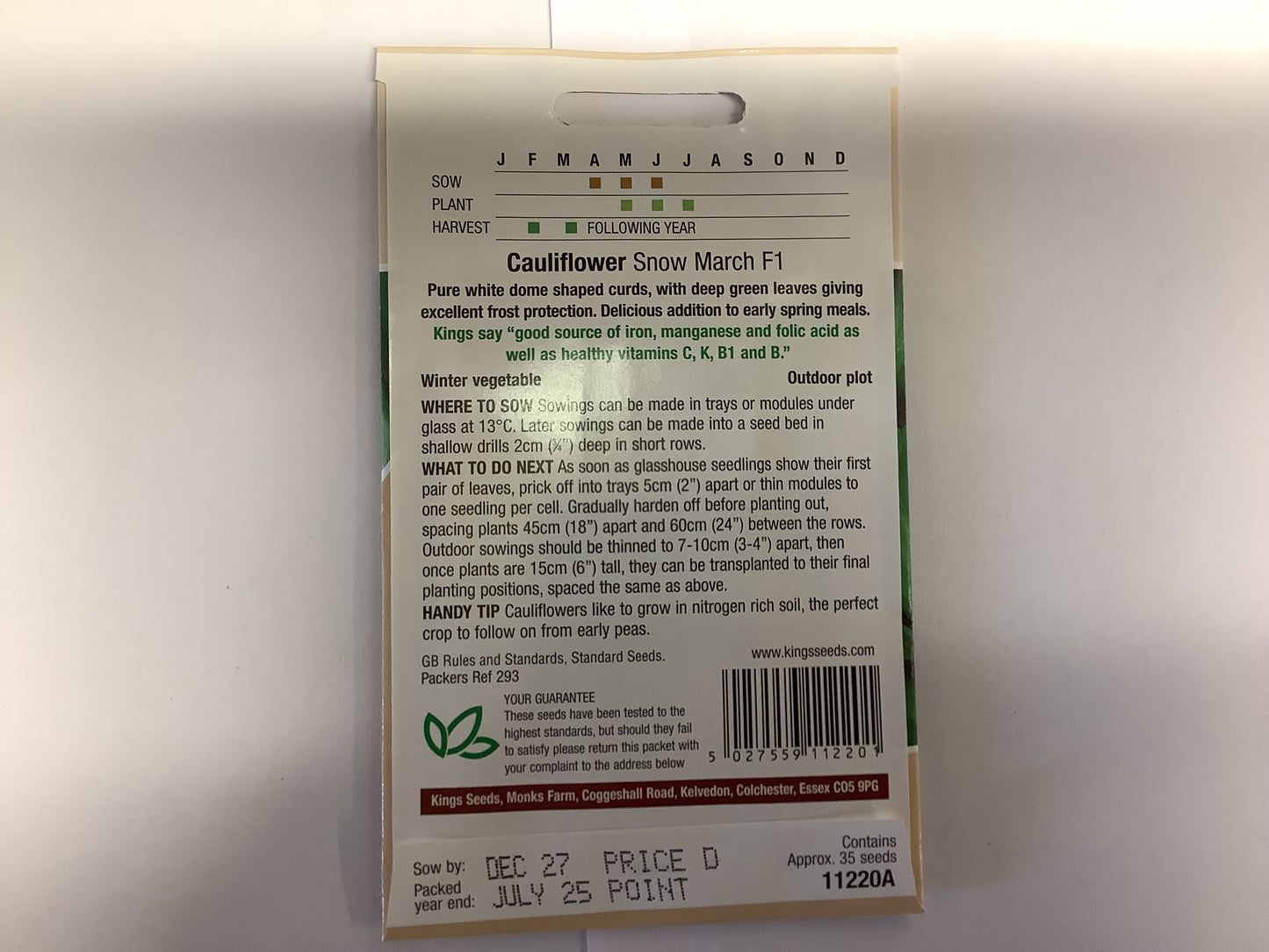 Kings Seeds Cauliflower Snow March F1