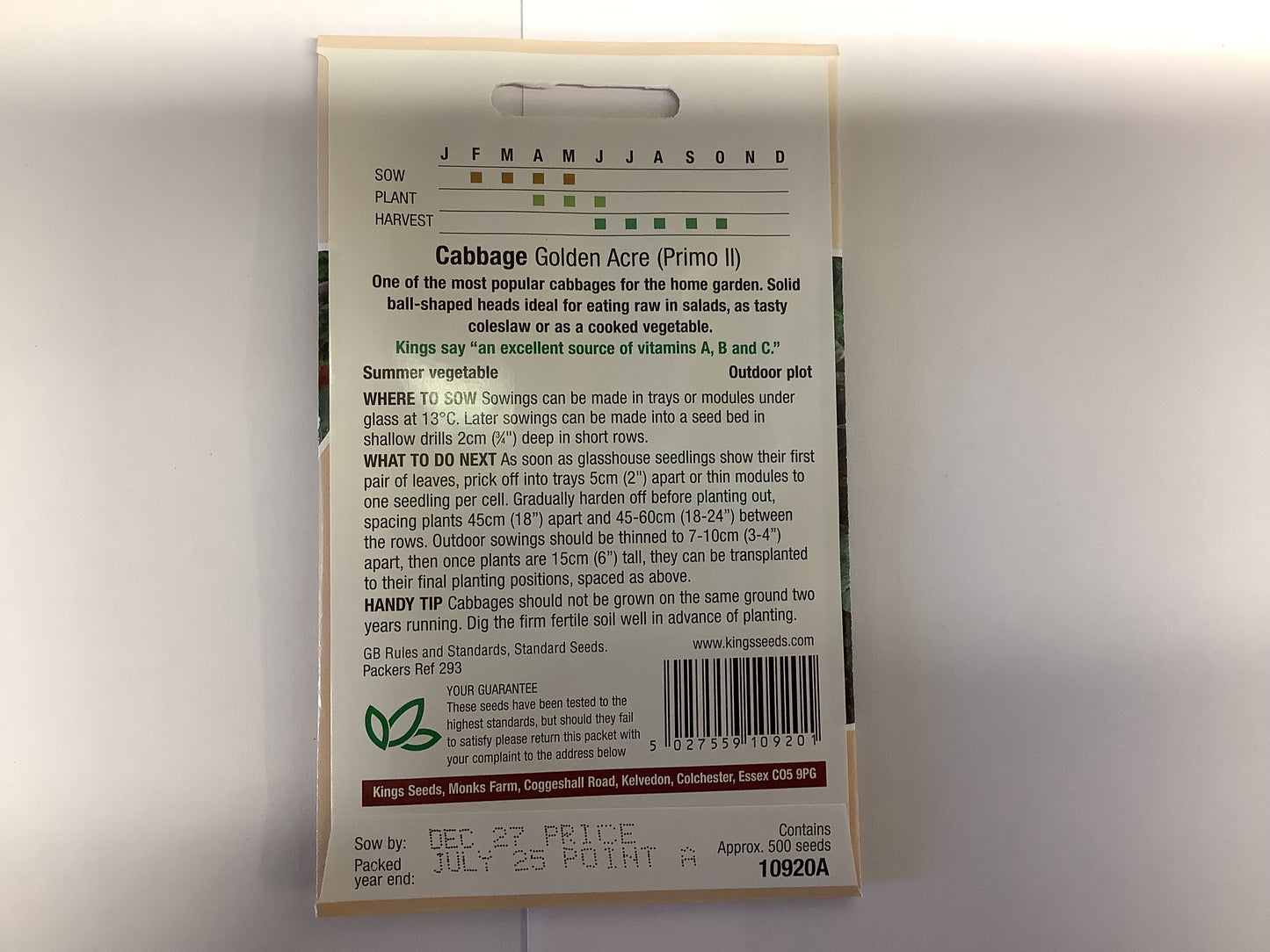 Kings Seeds Cabbage Golden Acre (Primo II)