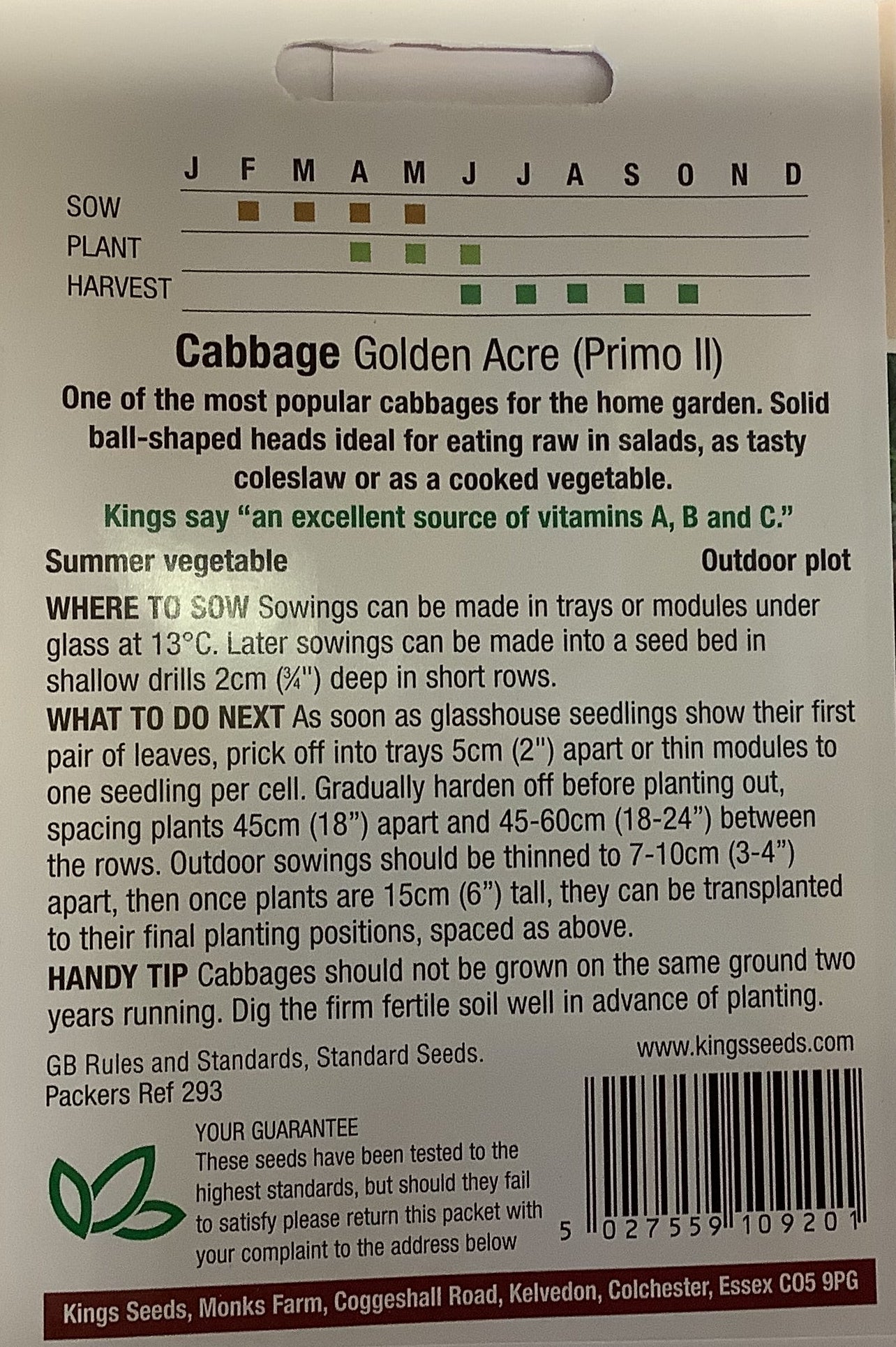 Kings Seeds Cabbage Golden Acre (Primo II)