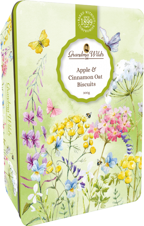 GRANDMA WILD'S Apple & Cinnamon Oat Biscuits in Wildflower Meadow Tin 300g