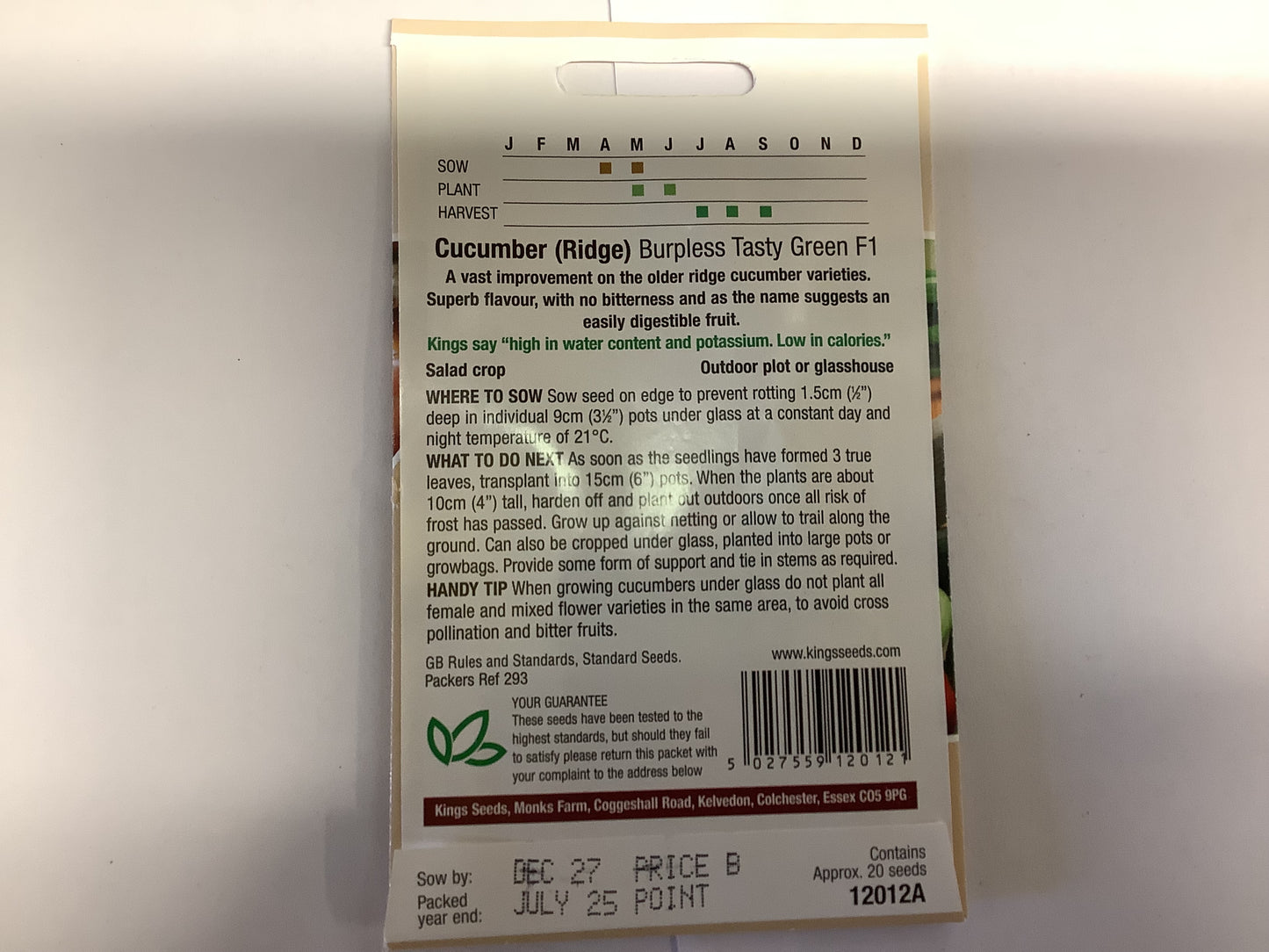 Kings Seeds Cucumber (Ridge) Burpless Tasty Green F1