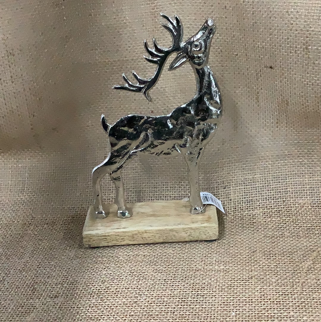 Silver Reindeer on Wooden Base 17.5cm