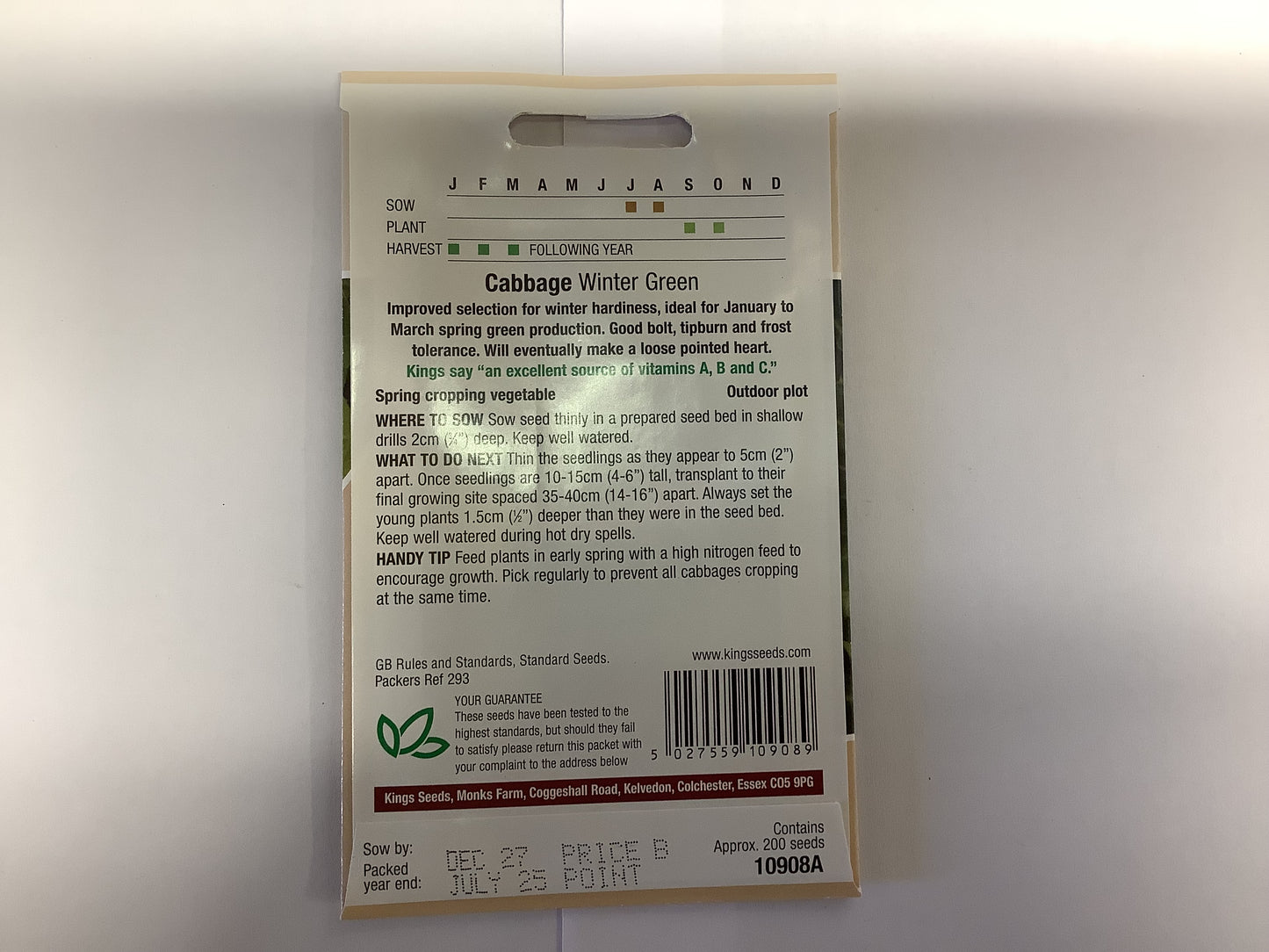 Kings Seeds Cabbage (Spring Greens) Winter Green