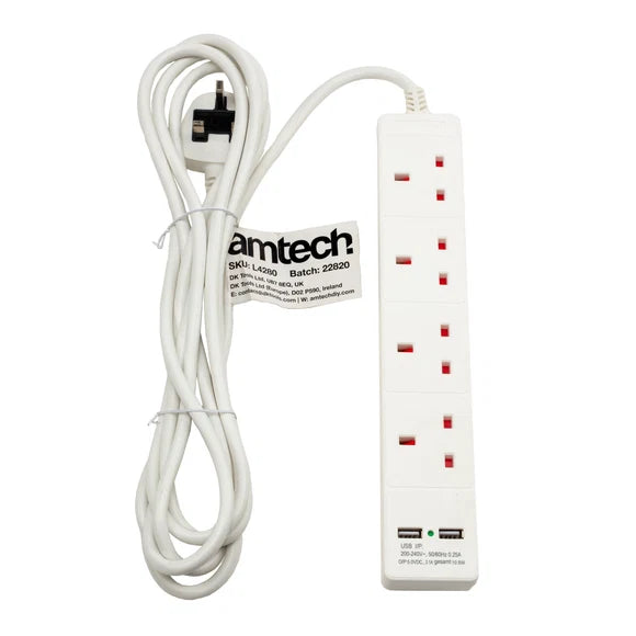 Amtech 4 Gang Extension Lead With USB Ports 4M