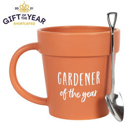 Boxed Ceramic Mug "Gardener Of The Year" With Shovel Spoon