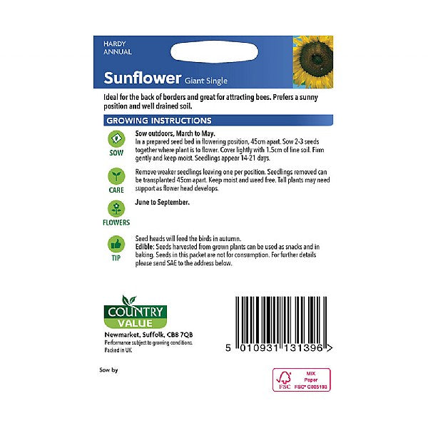 Sunflower Giant Single Seeds, Country Value