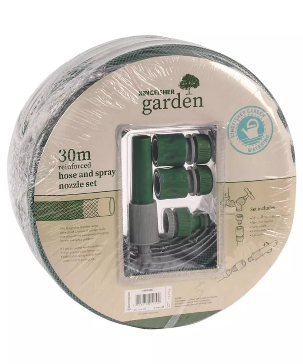 Reinforced Hose & Spray Nozzle Set, 30m, Kingfisher Garden