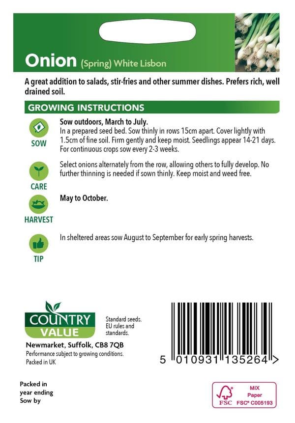 (Spring) White Lisbon Winter Hardy Onion Seeds, Country Value