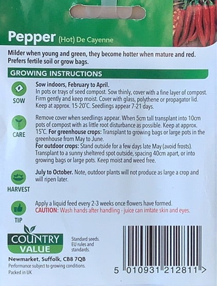 Pepper Seeds, (hot) De-Cayenne. Country Value