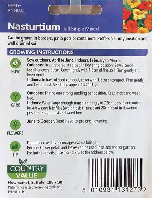 Nasturtium Seeds, Tall single mixed. Country Value