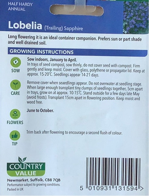 Lobelia Seeds, Sapphire. Country Value