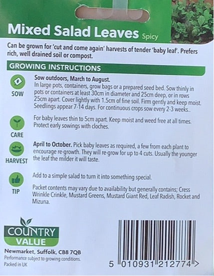 Spicy Mixed Salad Leaf Seeds, Country Value