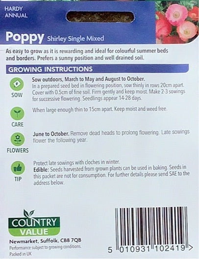 Poppy Shirley Single Mixed Seeds, Country Value