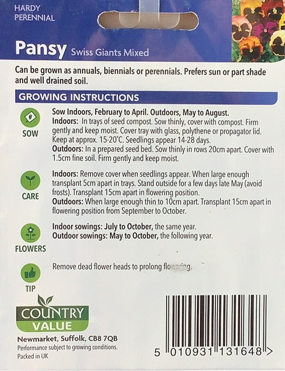 Pansy Seeds, Swiss giants mixed. Country Value