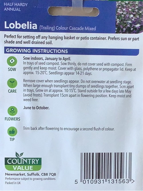 Lobelia Seeds, Colour Cascade Mixed. Country Value