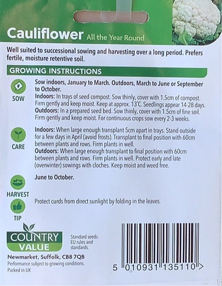 All The Year Round Cauliflower Seeds, Country Value