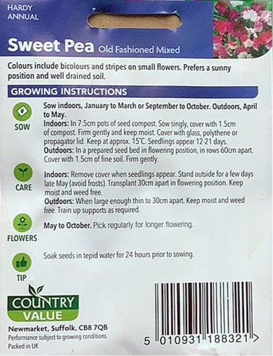 Sweet Pea Seeds, Old fashioned mixed.Country Value