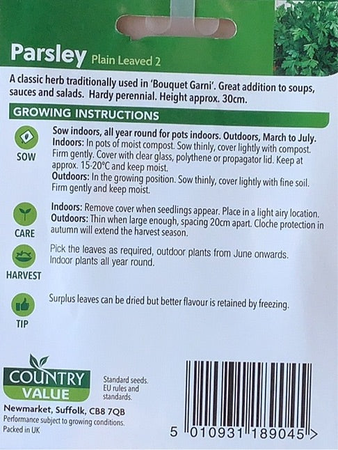 Plain Leaved 2 Parsley Seeds, Country Value