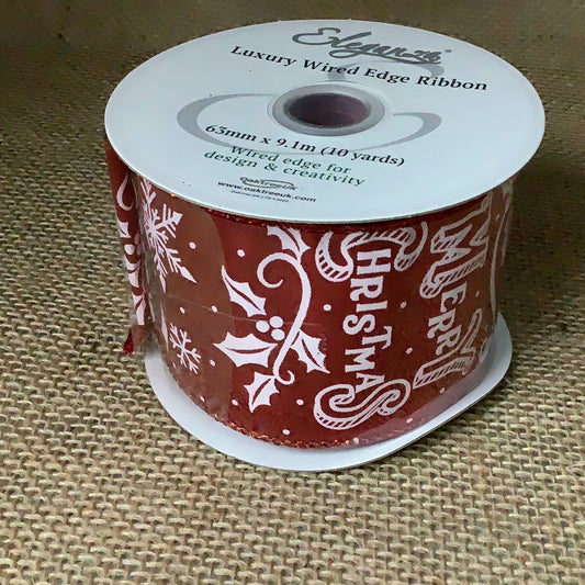 Luxury Wired Edge Ribbon Red White “ Merry Christmas “ 63mm x9.1 m