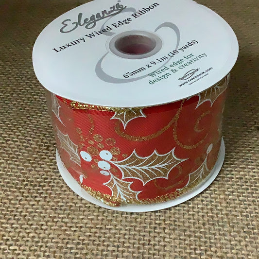 Luxury Wired Edge Ribbon Red Gold Holly 63mm x9.1 m