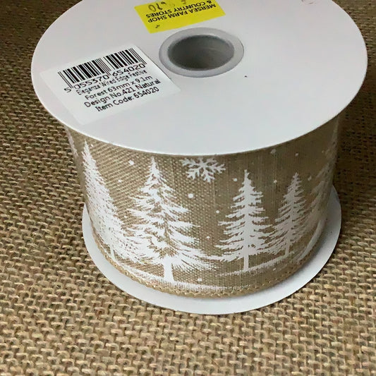 Luxury Wired Edge Ribbon Natural With Trees 63mm x9.1 m