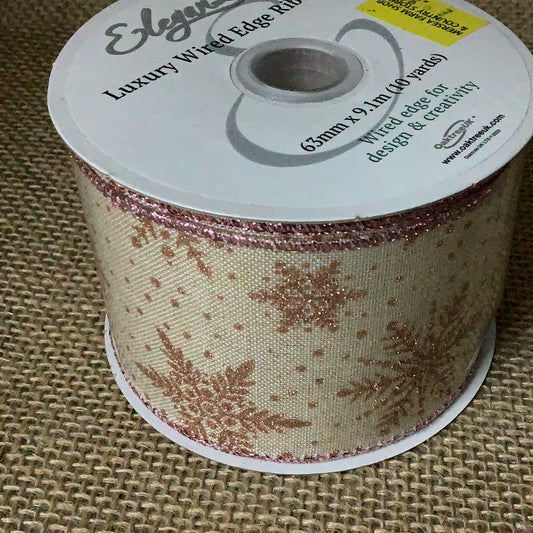 Luxury Wired Edge Ribbon Natural Sparkle Snowflakes 63mm x9.1 m