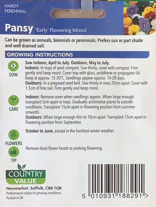 Pansy Seeds, Early flowering mixed. Country Value