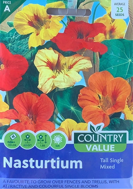 Nasturtium Seeds, Tall single mixed. Country Value